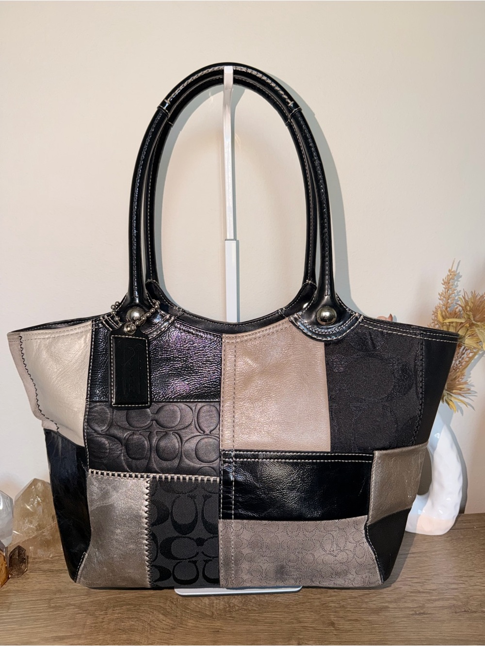 Coach Patchwork Shoulder Tote in Black, Taupe & Metallic